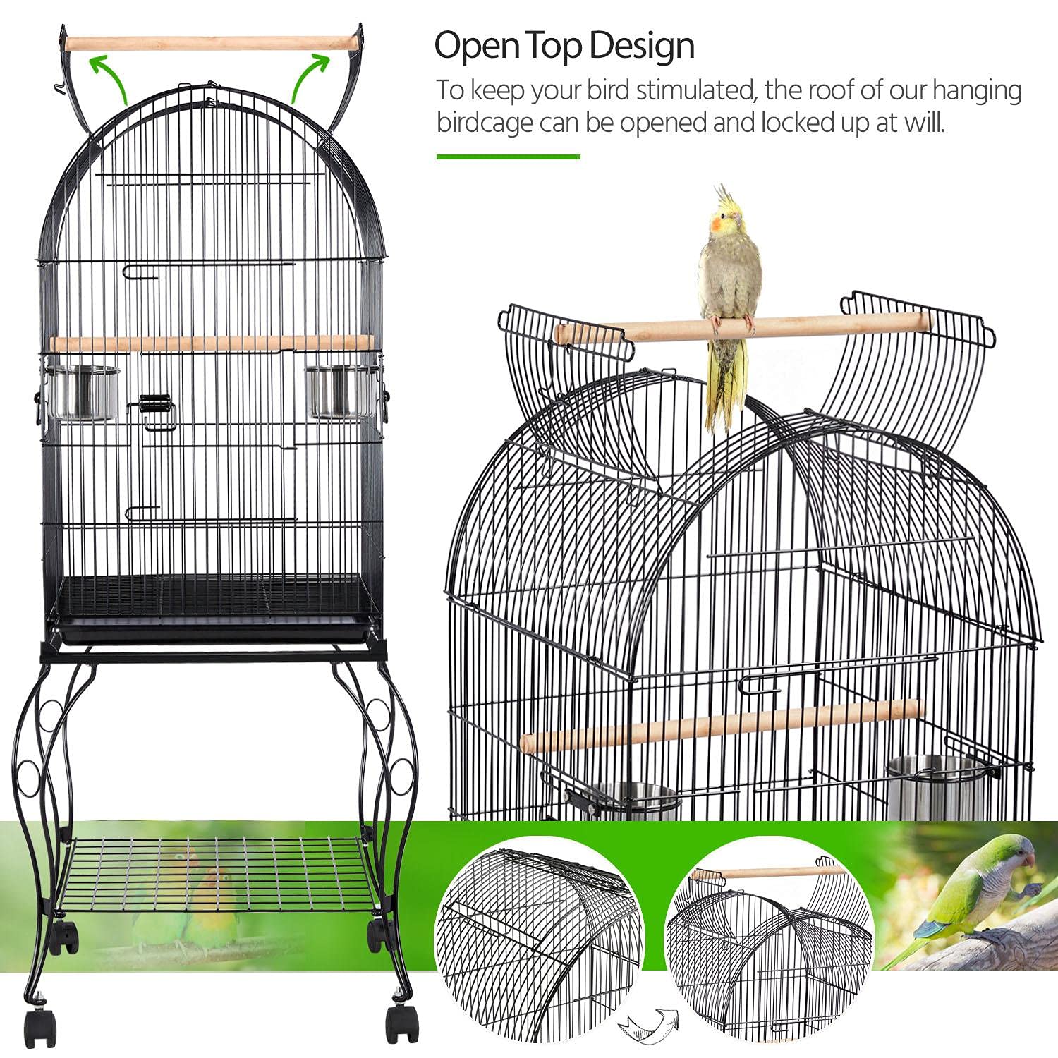 Yaheetech 59-Inch Rolling Standing Medium Dome Open Top Bird Cage for Parrots Cockatiels Sun Conures Parakeets Lovebirds Budgies